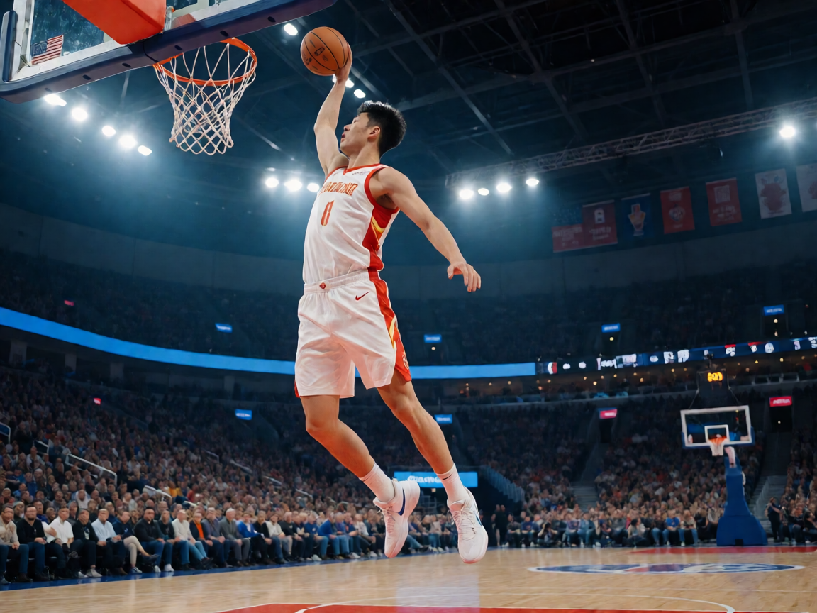 NBA比赛中球员空中接力扣篮瞬间，球馆内观众沸腾，灯光聚焦赛场